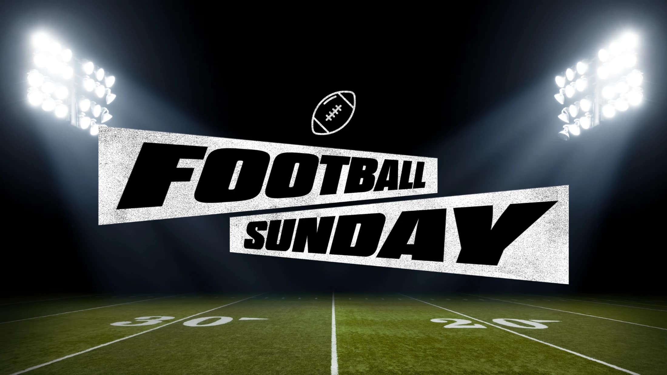 The text 'Football Sunday' floats over an empty football field at night, illuminated by bright stadium lights. A football icon is above the words.